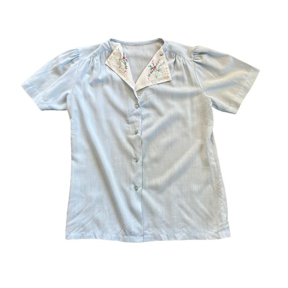 Vintage Semi Sheer Pastel Blue Floral Embroidered Blouse - Picture 1 of 6